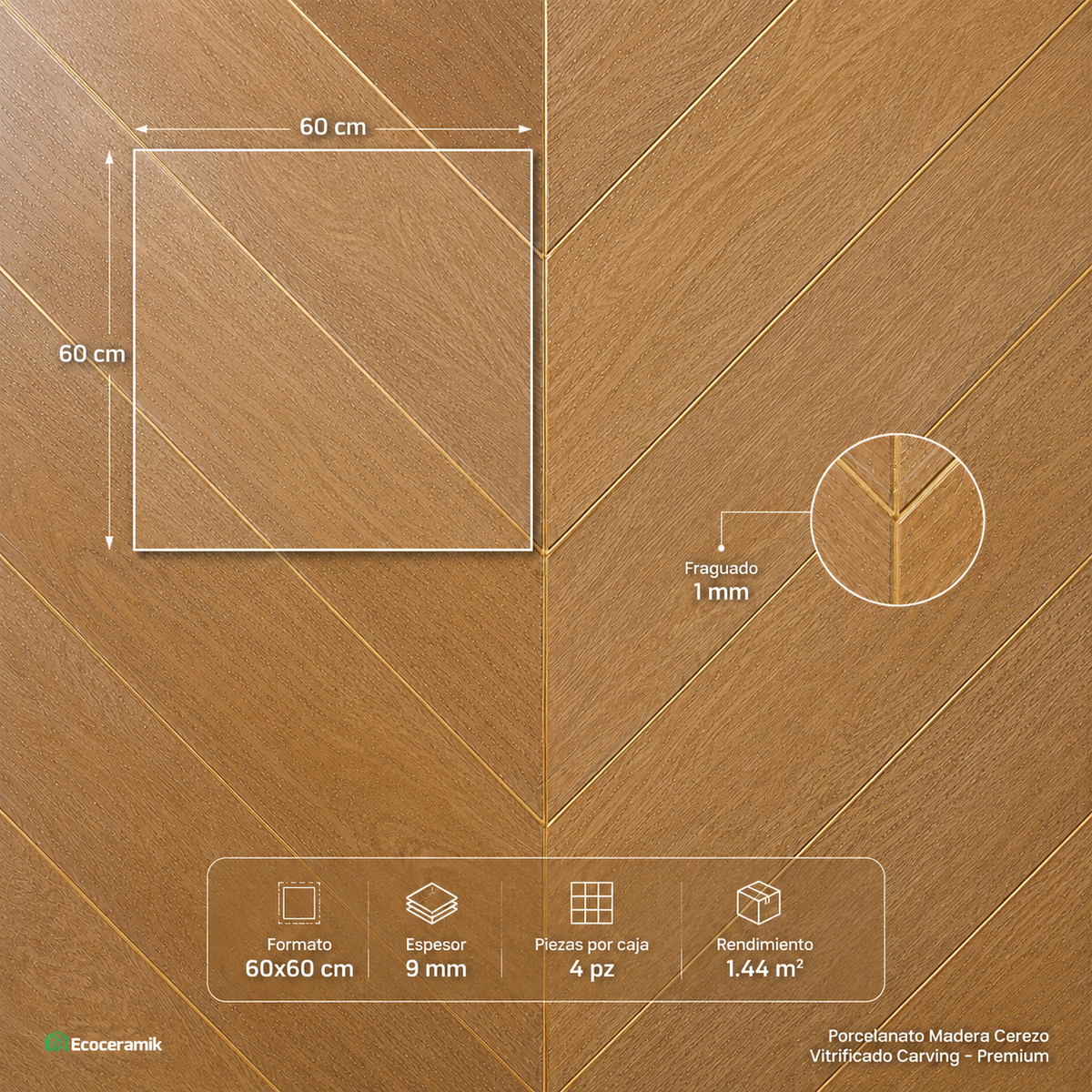 Porcelanato Madera Cerezo 60x60 cm vitrificado Carving - Premium Caja 1.44m2 / 4 pz
