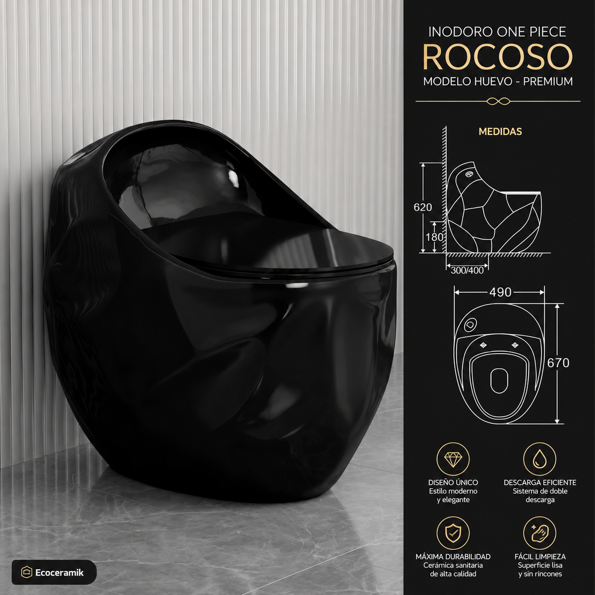 Inodoro One Piece Rocoso Negro - Modelo Huevo Premium