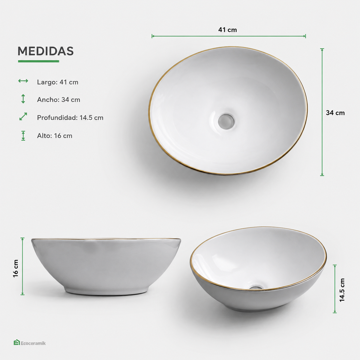 Ovalín de loza vitrificada ovalado (MOD VARCO) Blanco c/ dorado 41X34X14.5 - Frencia
