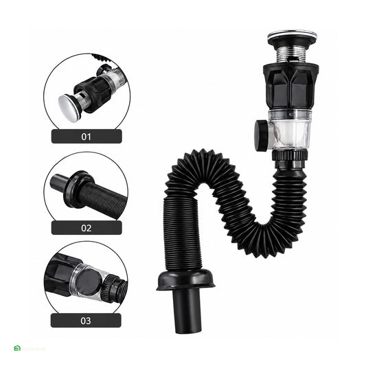 Desagüe Sifón Corrugado Negro AntiOlor Push Cromado | Fratelli