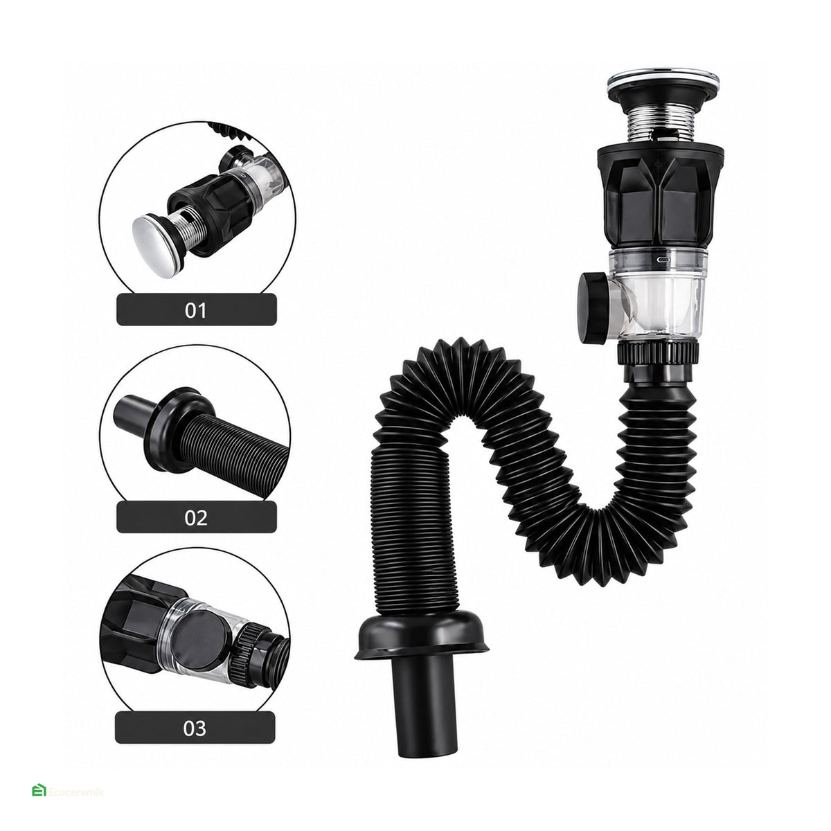 Desagüe Sifón Corrugado Negro AntiOlor Push Cromado | Fratelli