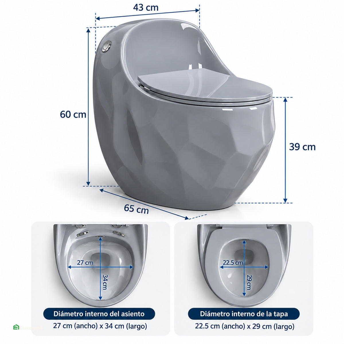 Inodoro One Piece Huevito Rocoso Gris - Gaia Premium