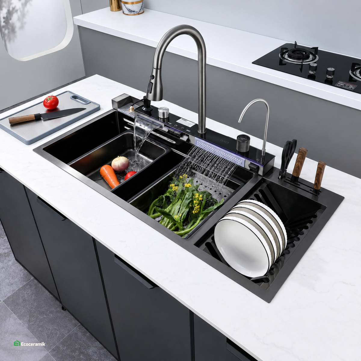 Lavadero de Cocina Multifuncional 5 teclas PortaPlatos SUS 304 c/Negro 95X46X22 - Premium