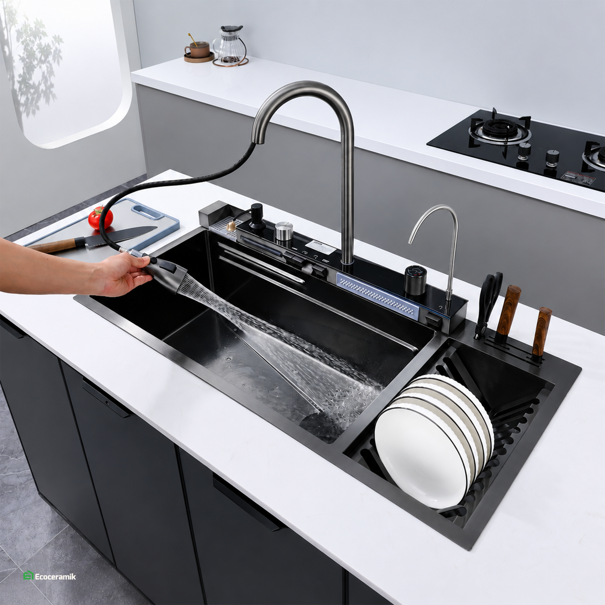Lavadero de Cocina Multifuncional 5 teclas PortaPlatos SUS 304 c/Negro 95X46X22 - Premium