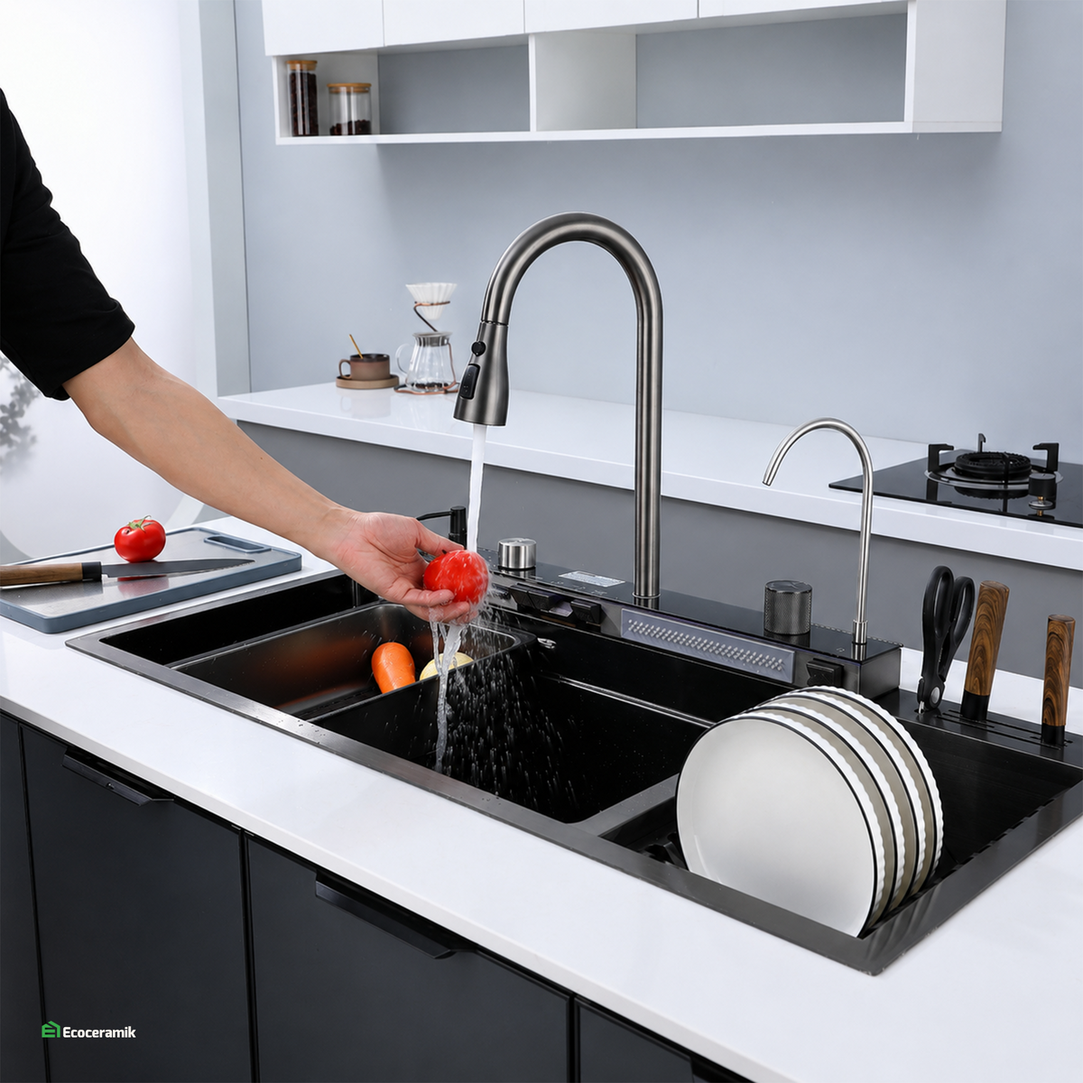Lavadero de Cocina Multifuncional 5 teclas PortaPlatos SUS 304 c/Negro 95X46X22 - Premium