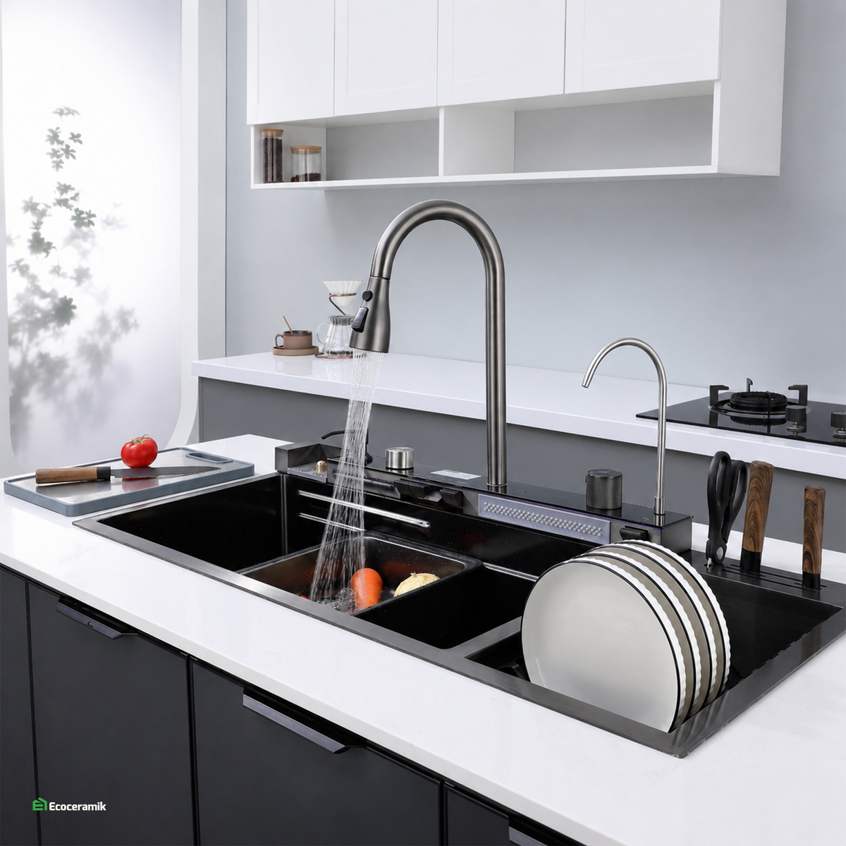 Lavadero de Cocina Multifuncional 5 teclas PortaPlatos SUS 304 c/Negro 95X46X22 - Premium
