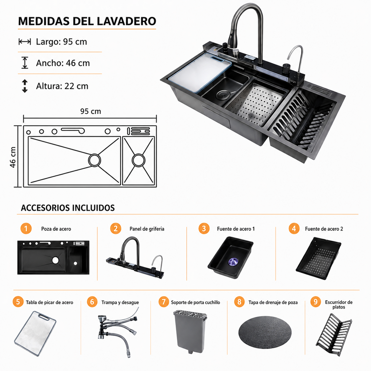 Lavadero de Cocina Multifuncional 5 teclas PortaPlatos SUS 304 c/Negro 95X46X22 - Premium