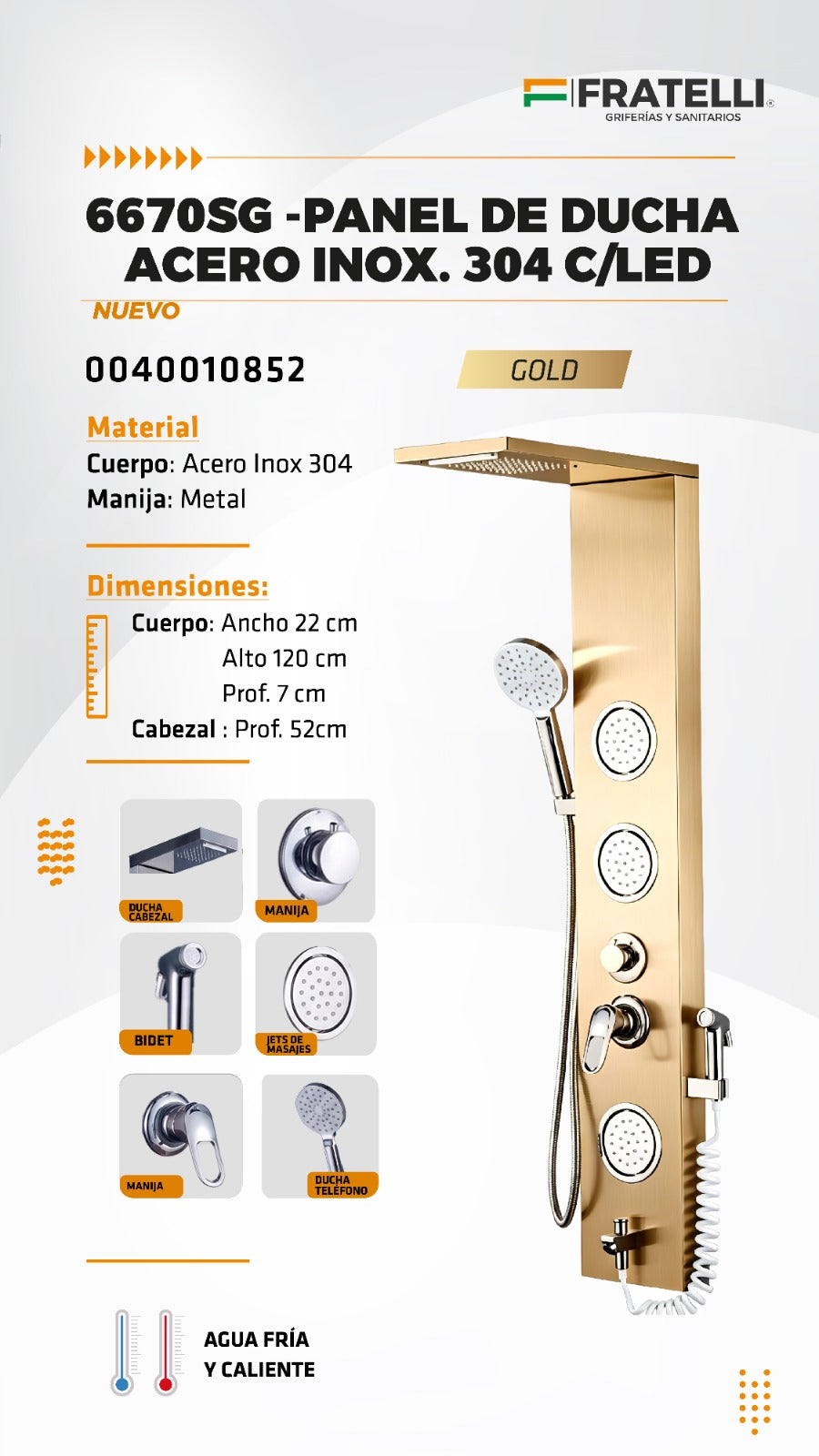Panel de Ducha 6670SG Gold Premium con LED Fratelli