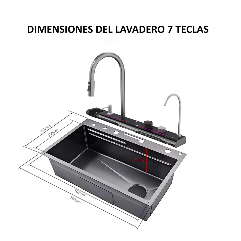 LAVADERO DE COCINA MULTIFUNCIONAL 7 TECLAS BLACK PANEL LED DE ACERO INOXIDABLE 304 BASIC - FULL