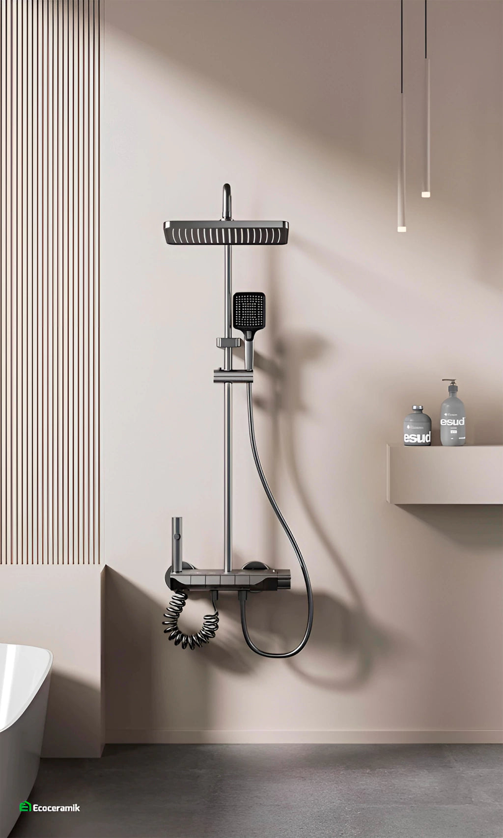 Ducha Columna Piano 4 Teclas – Mezcladora de Acero Inoxidable 304 Satinado + cuerpo ABS Grey Premium