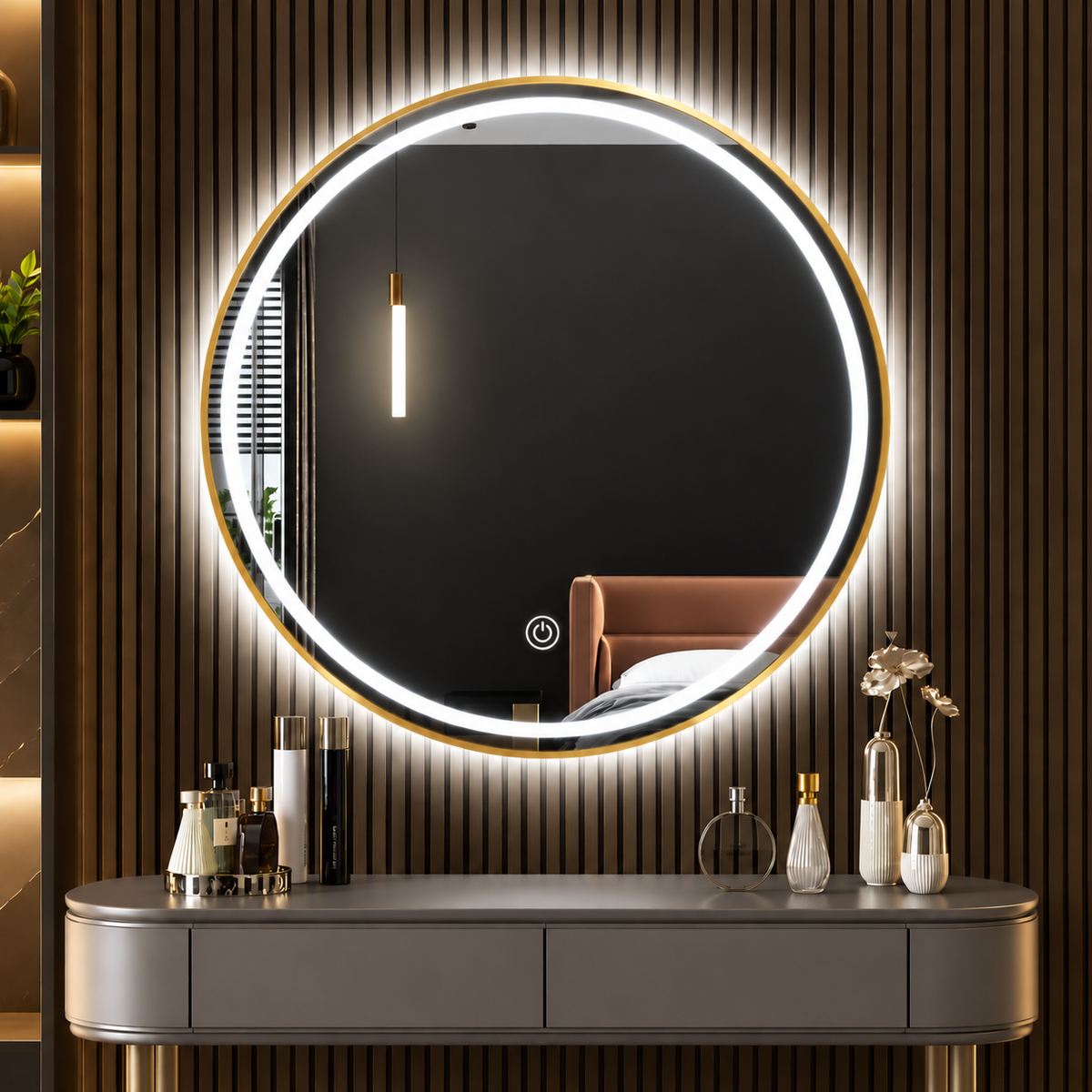 Espejo Circular LED Touch 60 × 60 cm – Modelo TCR6060G Borde Dorado