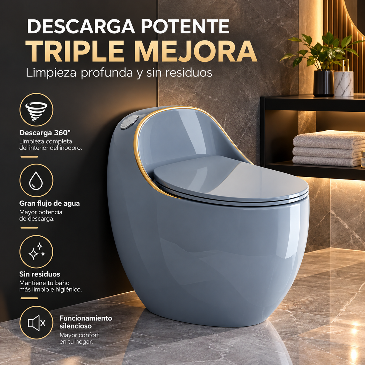 Inodoro One Piece Huevito Gris - Gold Plus Loza vitrificada Premium