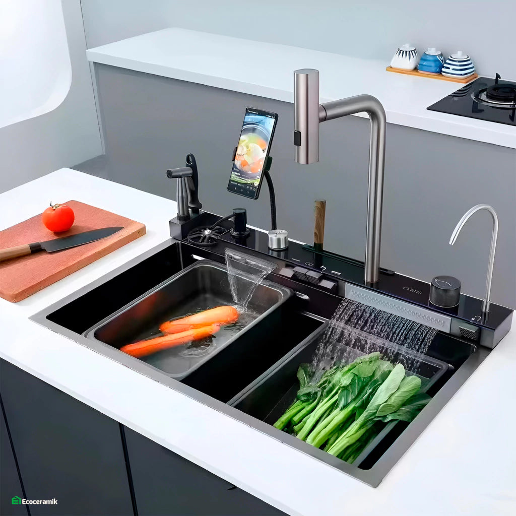 Lavadero de cocina multifncional Smart 5 Teclas porta celular acero inoxidable 304 c/negro Panel led 2025 - Premium