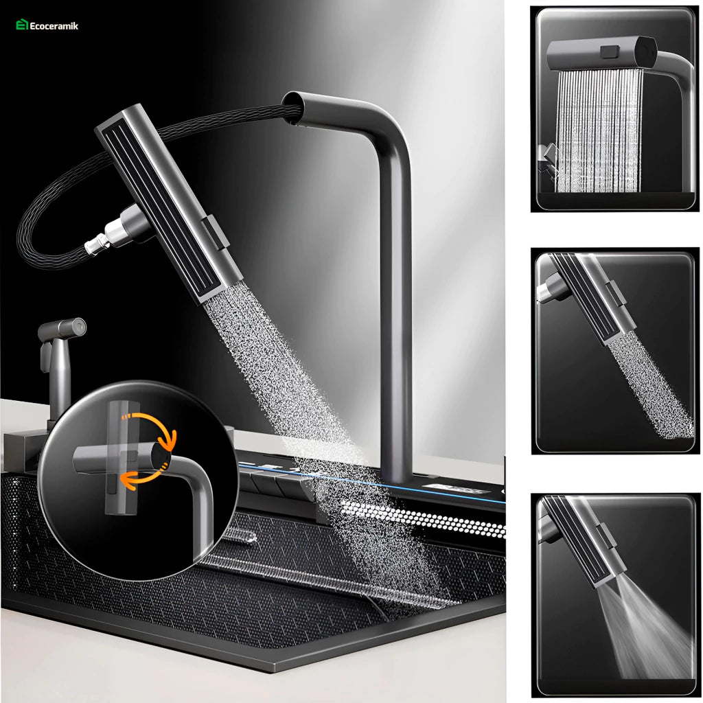 Lavadero de cocina multifncional Smart 5 Teclas porta celular acero inoxidable 304 c/negro Panel led 2025 - Premium