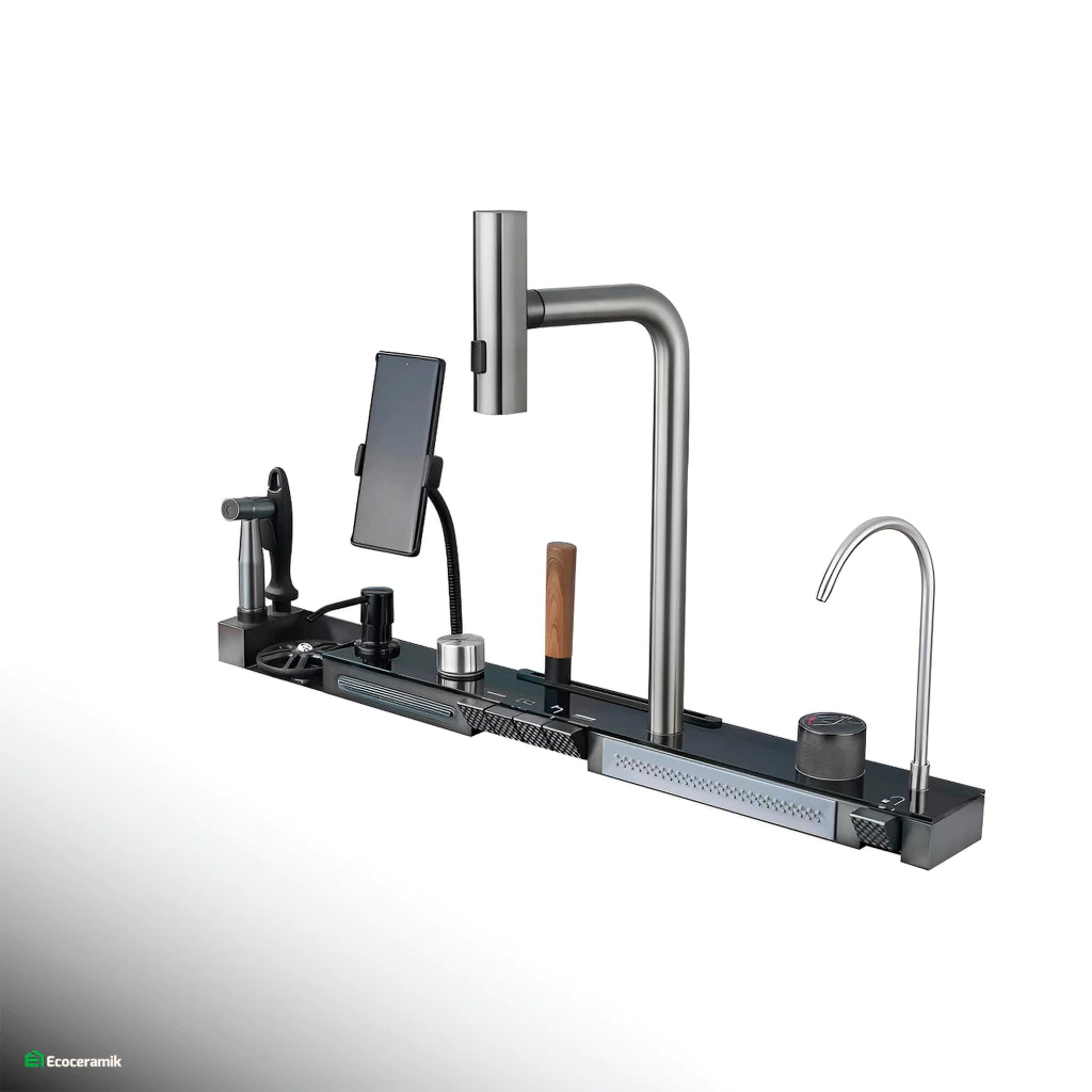 Lavadero de cocina multifncional Smart 5 Teclas porta celular acero inoxidable 304 c/negro Panel led 2025 - Premium