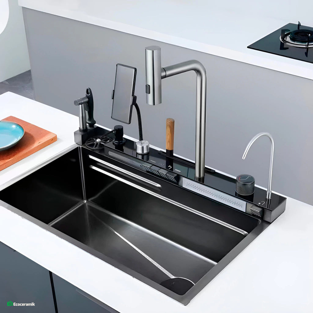 Lavadero de cocina multifncional Smart 5 Teclas porta celular acero inoxidable 304 c/negro Panel led 2025 - Premium