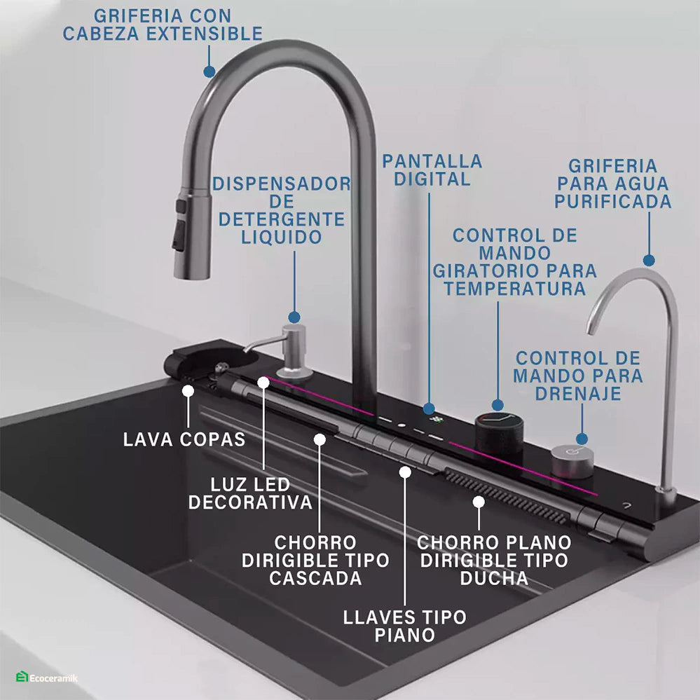 LAVADERO DE COCINA MULTIFUNCIONAL 7 TECLAS BLACK PANEL LED DE ACERO INOXIDABLE 304 BASIC - FULL