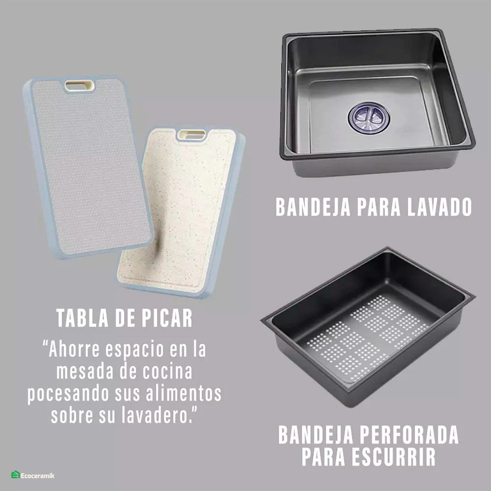 LAVADERO DE COCINA MULTIFUNCIONAL 7 TECLAS BLACK PANEL LED DE ACERO INOXIDABLE 304 BASIC - FULL