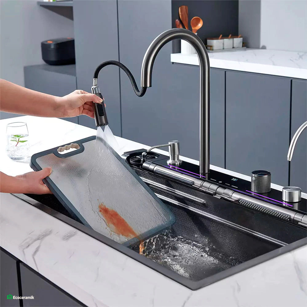 LAVADERO DE COCINA MULTIFUNCIONAL 7 TECLAS BLACK PANEL LED DE ACERO INOXIDABLE 304 BASIC - FULL
