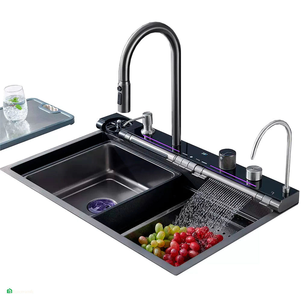 LAVADERO DE COCINA MULTIFUNCIONAL 7 TECLAS BLACK PANEL LED DE ACERO INOXIDABLE 304 BASIC - FULL