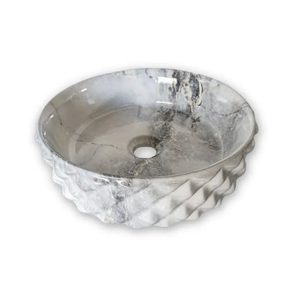 Ovalín de Loza (463-7) Mod. Circular Marmoleado Blanco C/Celeste Diamante 37.5X37.5X12 - Fratelli