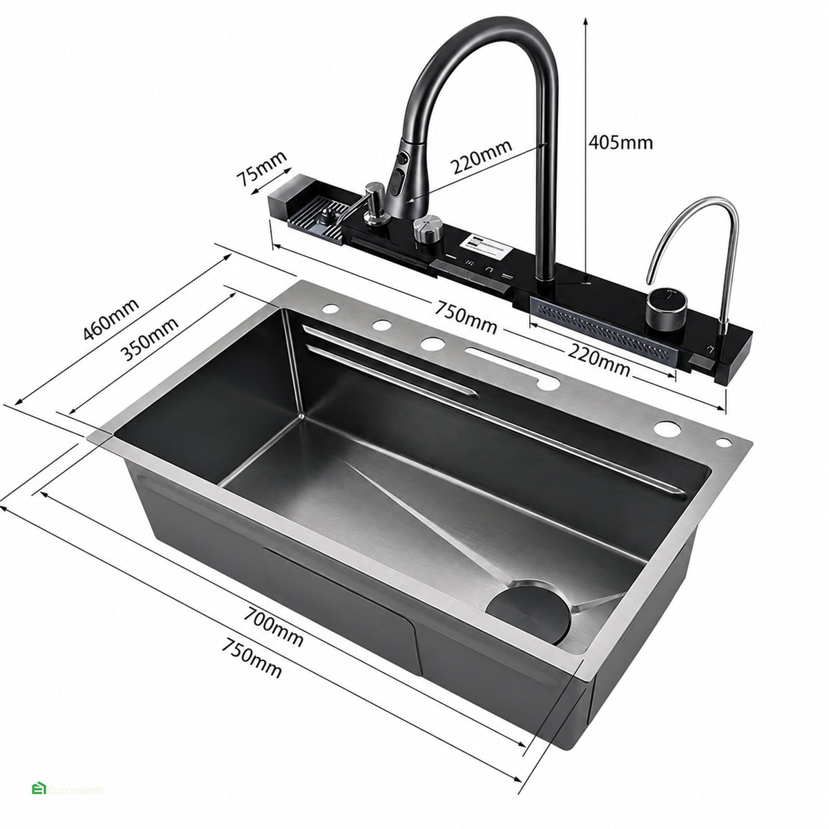 LAVADERO DE COCINA MULTIFUNCIONAL 5 TECLAS NEGRO PANEL LED DE ACERO INOXIDABLE NANO 304 BASIC