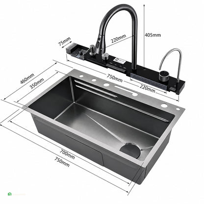 LAVADERO DE COCINA MULTIFUNCIONAL 5 TECLAS NEGRO PANEL LED DE ACERO INOXIDABLE NANO 304 BASIC