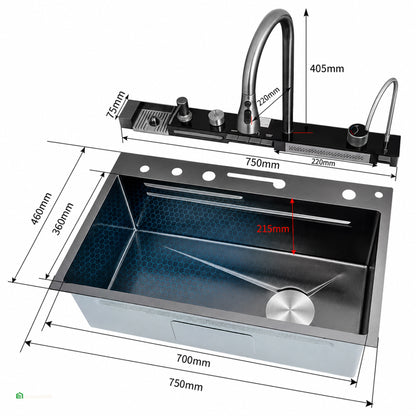 LAVADERO DE COCINA MULTIFUNCIONAL 5 TECLAS NEGRO PANEL LED DE ACERO INOXIDABLE NANO 304 BASIC