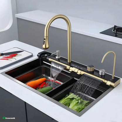 LAVADERO DE COCINA MULTIFUNCIONAL 7 TECLAS BLACK GOLD PANEL LED DE ACERO INOXIDABLE NANO 304