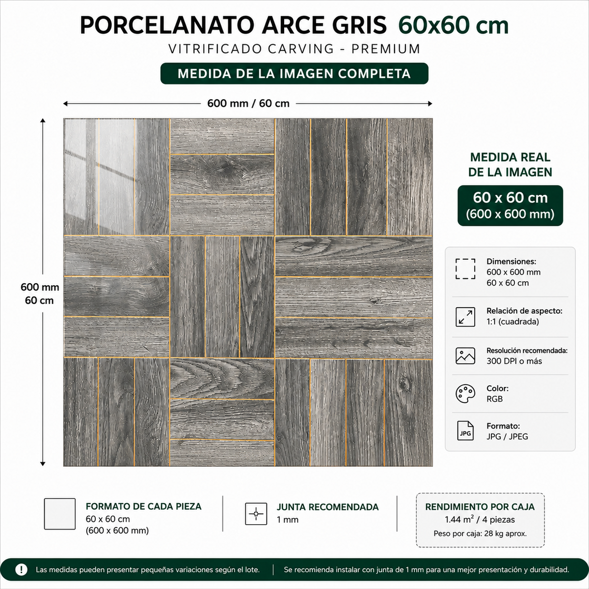 Porcelanato Arce Gris 60x60 cm vitrificado Carving - Premium Caja 1.44m2 / 4 pz