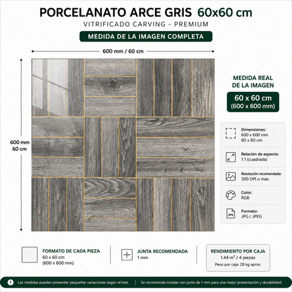 Porcelanato Arce Gris 60x60 cm vitrificado Carving - Premium Caja 1.44m2 / 4 pz