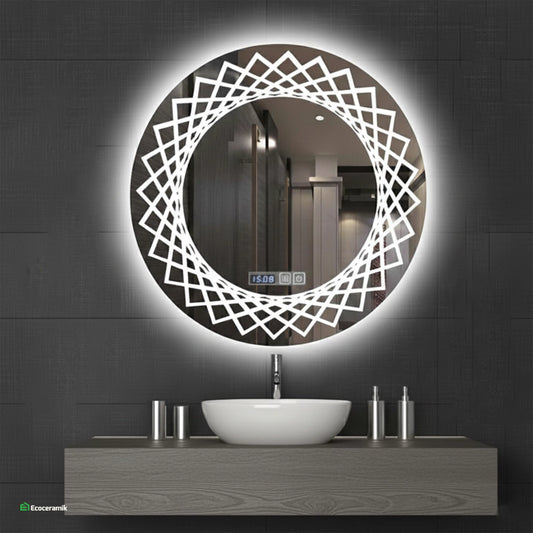 Espejo LED 3D Circular – 60 × 60 cm | 3 Luces LED, Touch, Reloj y Antiempañante