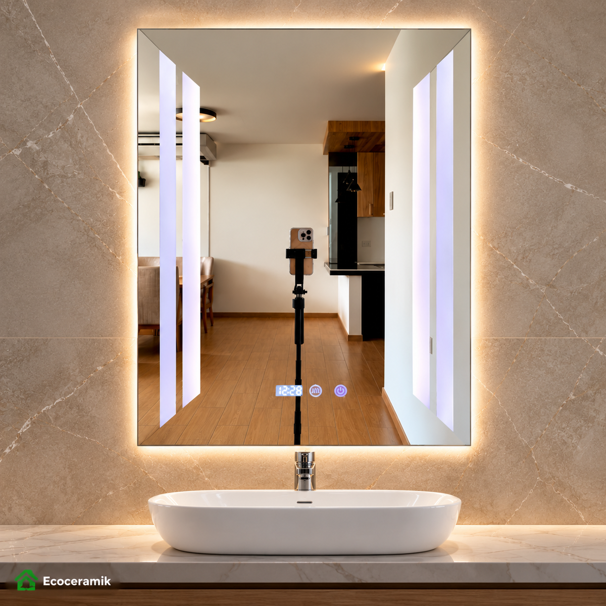 Espejo LED Trapezio MR27-7050 / MR27-8060 con Reloj y Antiempañante