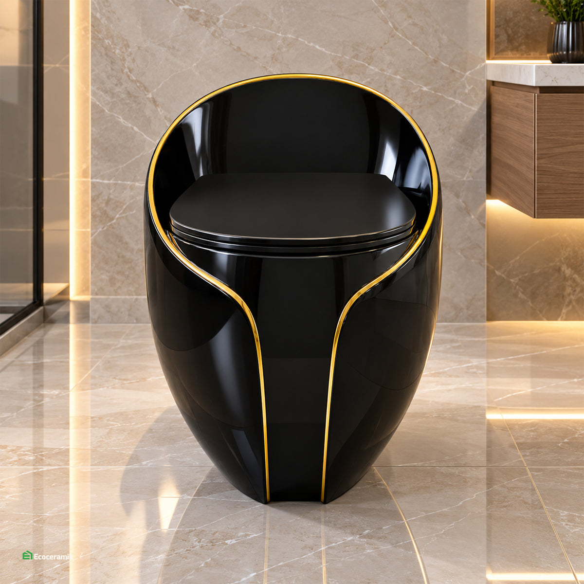 Inodoro One Piece Huevito Magneto Black - Gold Premium