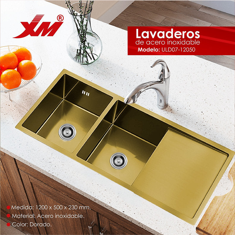 Lavadero de Cocina ULD07-12050 120x50 cm Nano Dorado 2 Pozas con Escurridero – XM