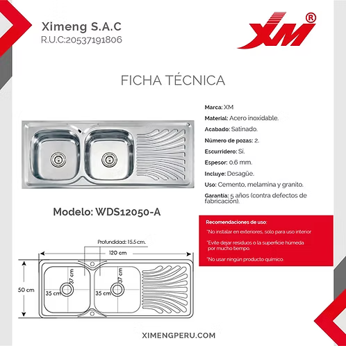 Lavadero de Cocina Doble Poza WDS12050A – XM