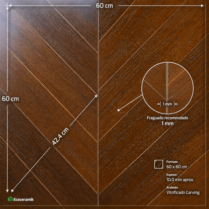 Porcelanato Madera Nogal 60x60 cm vitrificado Carving - Premium Caja 1.44m2 / 4 pz