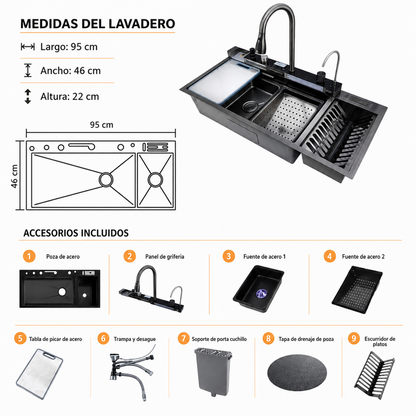 Lavadero de Cocina Multifuncional 5 teclas PortaPlatos  SUS 304 c/Negro 95X46X22 - Premium