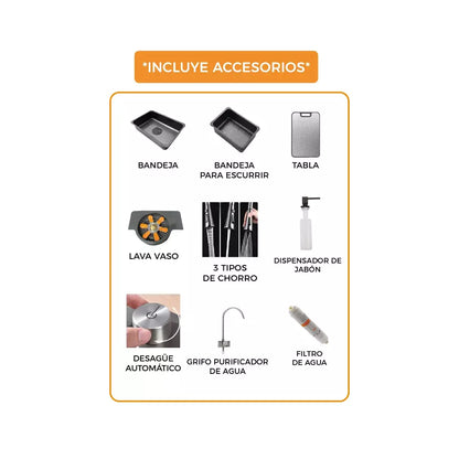 LAVADERO MULTIFUNCIONAL DE COCINA 7 FUNCIONES PANEL LED NEGRO BAHÍA DE ACERO INOX 304 BLACK PREMIUM FULL