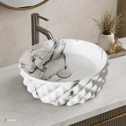 Ovalín de Loza (456-5) Mod. Circular Marmoleado Blanco C/Marron Diamante 37.5X37.5X12 - Fratelli