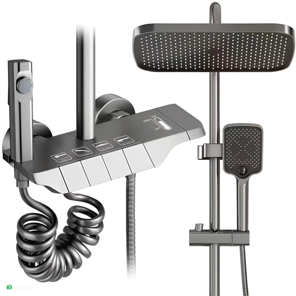 Ducha Columna Piano 4 Teclas – Mezcladora de Acero Inoxidable 304 Satinado + cuerpo ABS Grey Premium