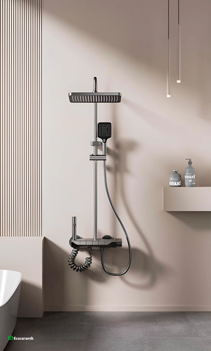 Ducha Columna Piano 4 Teclas – Mezcladora de Acero Inoxidable 304 Satinado + cuerpo ABS Grey Premium