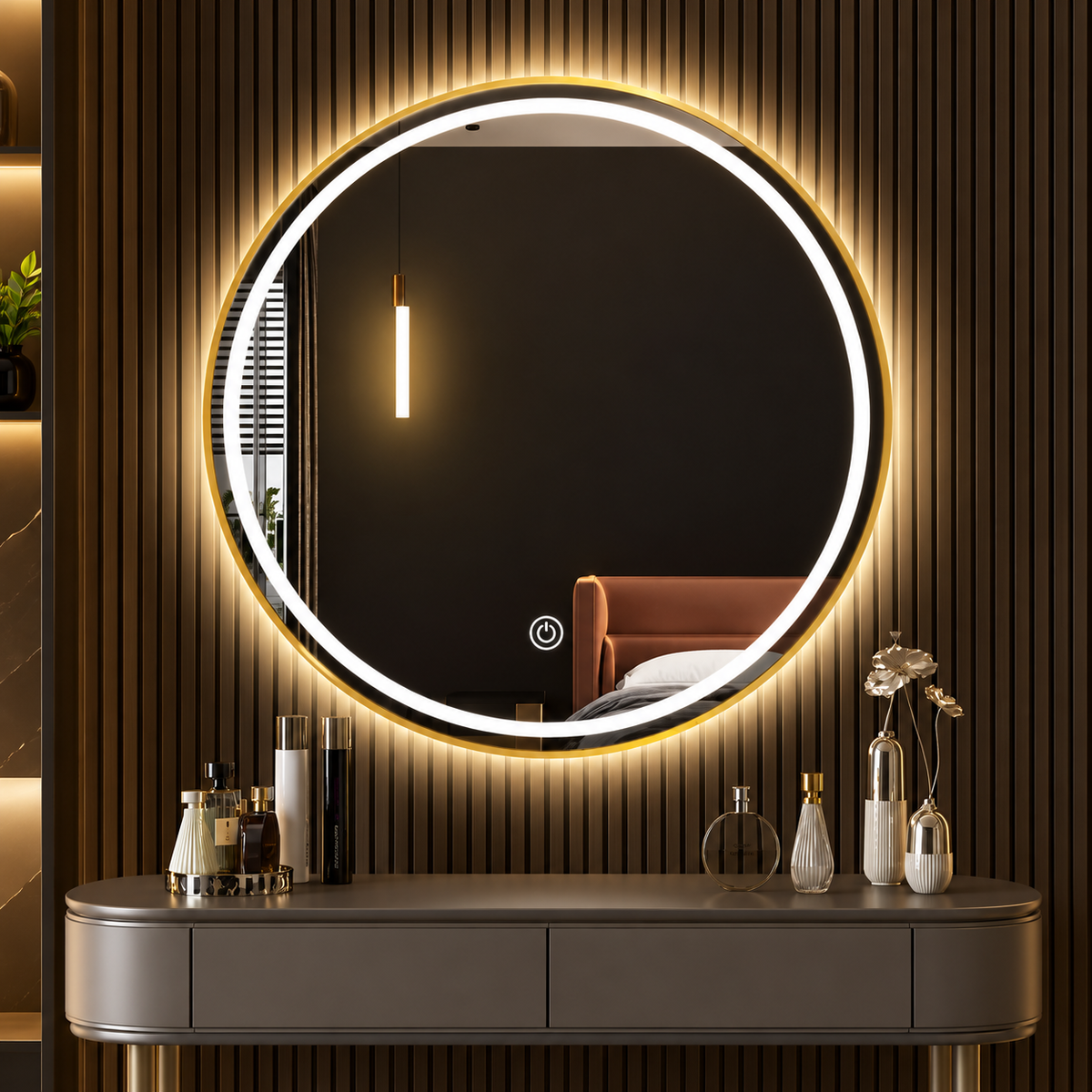 Espejo Circular LED Touch 60 × 60 cm – Modelo TCR6060G Borde Dorado