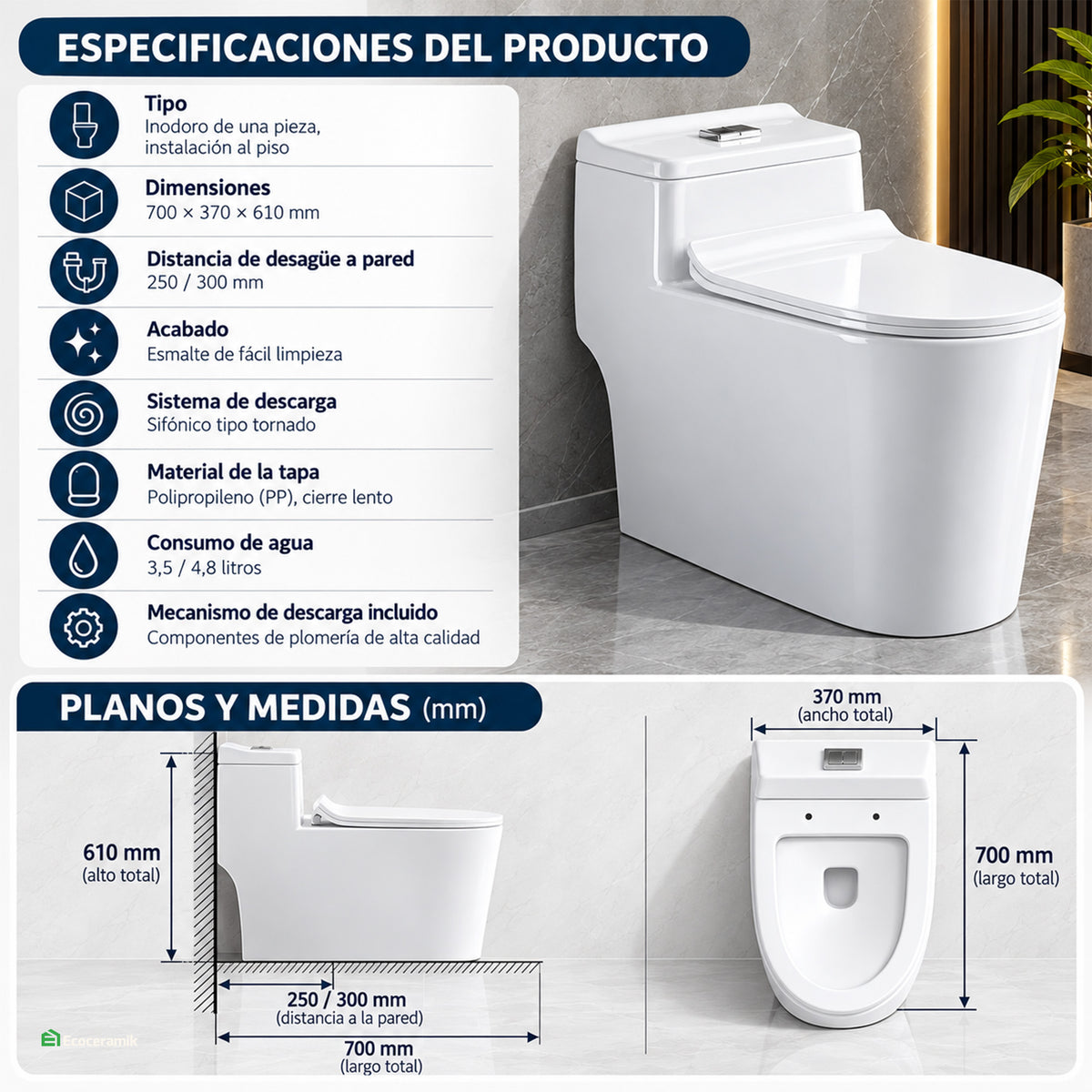 Inodoro One Piece Profesional Color Blanco - Premium