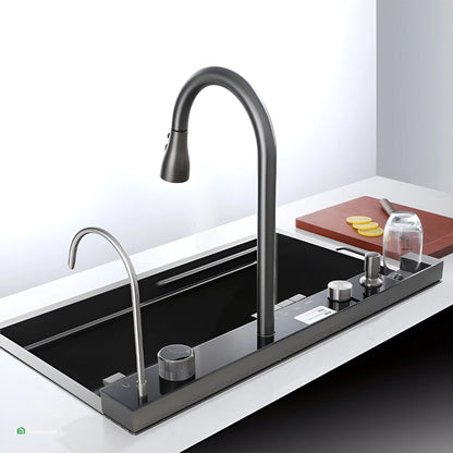 LAVADERO DE COCINA MULTIFUNCIONAL 5 TECLAS NEGRO PANEL LED DE ACERO INOXIDABLE NANO 304 + ABS BASIC