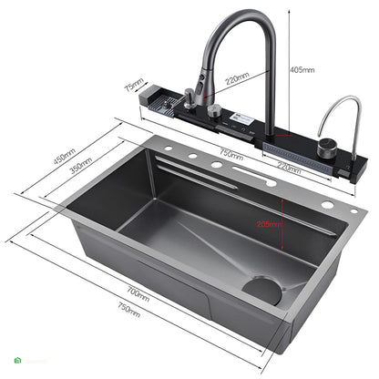 LAVADERO DE COCINA MULTIFUNCIONAL 5 TECLAS NEGRO PANEL LED DE ACERO INOXIDABLE NANO 304 + ABS BASIC
