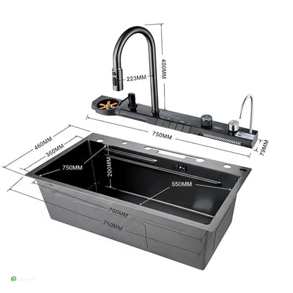 LAVADERO MULTIFUNCIONAL DE COCINA 7 FUNCIONES PANEL LED NEGRO BAHÍA DE ACERO INOX 304 BLACK PREMIUM FULL