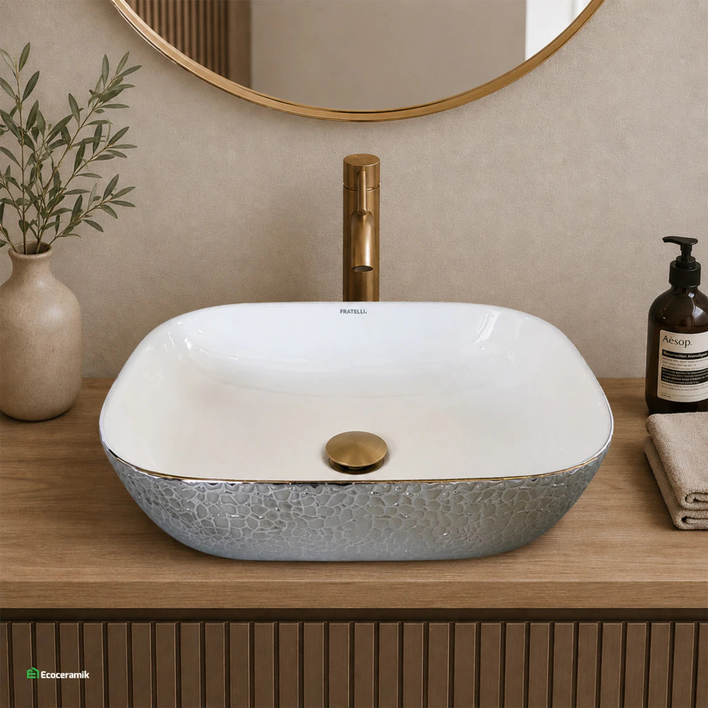 Ovalín de Loza (153) Mod.Rectangular Blanco C/Plateado Granito 45X33X13.5 - Fratelli